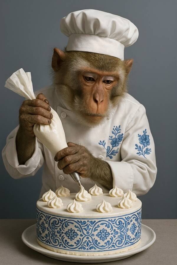 Delfts blauw taartenbakker – Schilderij met aap in koksjas