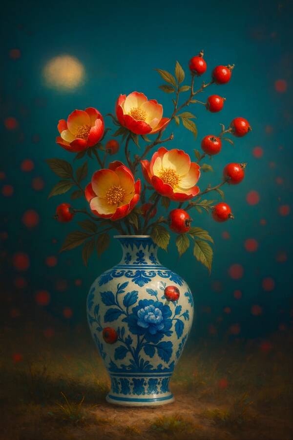 Maanlicht & Rozen – Delfts blauw bloemen schilderij