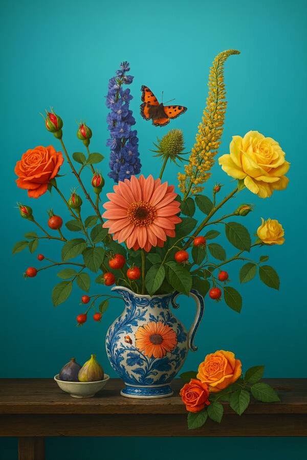 Turquoise Tuin – Delfts blauw schilderij met vlinder en rozen