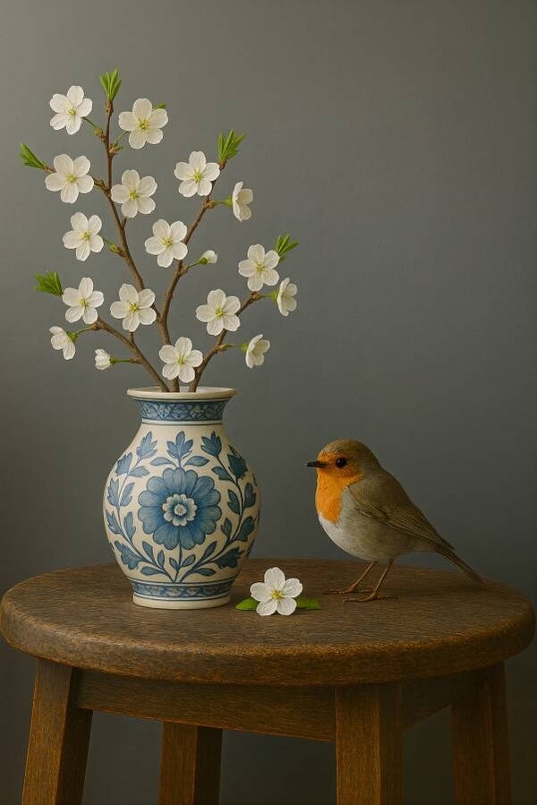 Stilleven met Vogel – Delfts blauw landelijke kunst