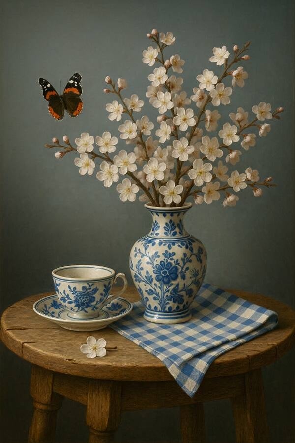 Delfts blauw vaas – Bloesemtakken stilleven met vlinder en theekopje