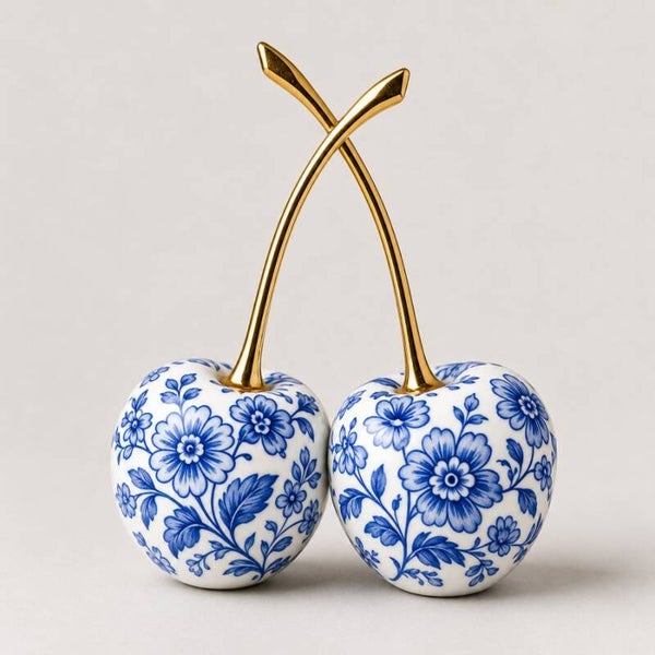 Delfts Kersenpaar – Kersen met Delfts Blauwe Bloemen en Goud Schilderij
