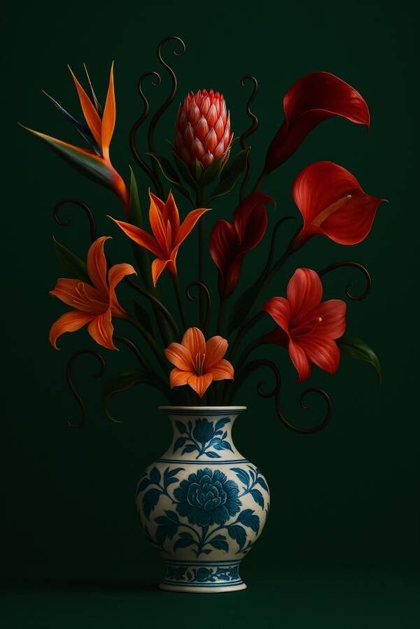 Delfts Blauw Exotische Vaas – schilderij met rode en oranje bloemen