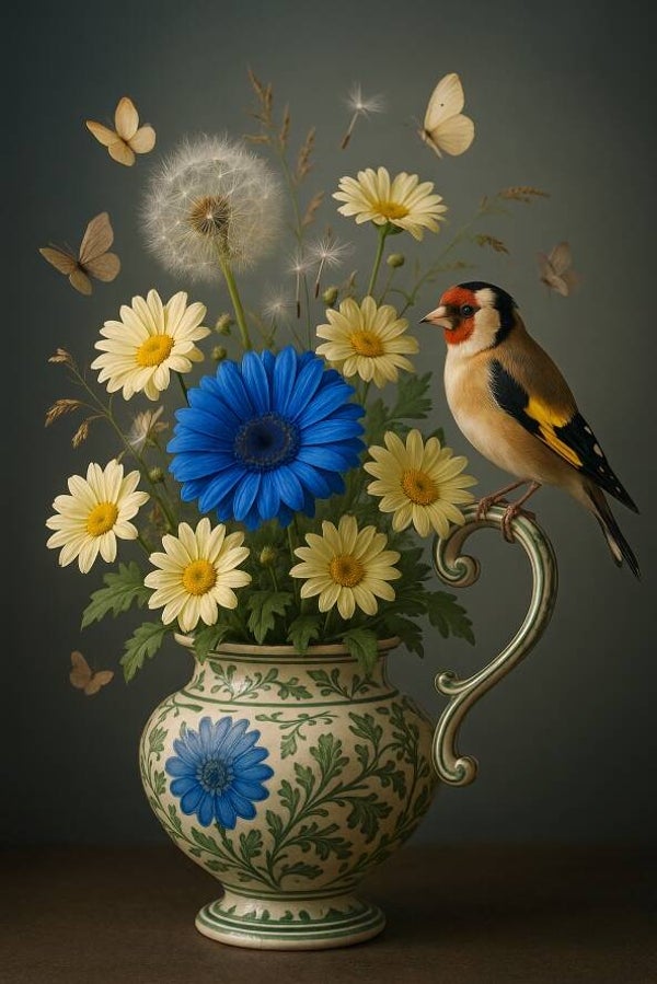 Delfts blauw en groen vaas – Stilleven met bloemen en putter