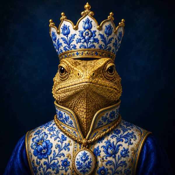 Delfts Blauwe Koning – hagedis schilderij met kroon in blauw en goud