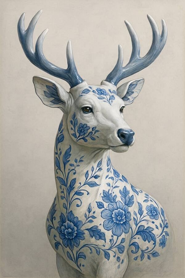 Delfts blauw hert – elegant schilderij op papierstructuur