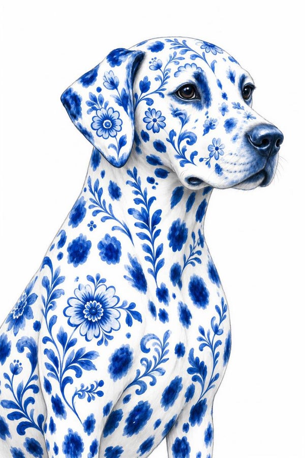 Delftse Trouwe Blik – hond schilderij in Delfts blauw met bloemen