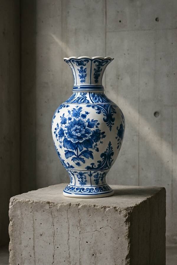 Delfts Blauw Industriële Vaas – schilderij met bloemmotief op beton