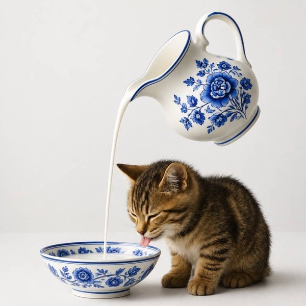 Melkmoment – Kat met Delfts Blauwe Melkkan Schilderij
