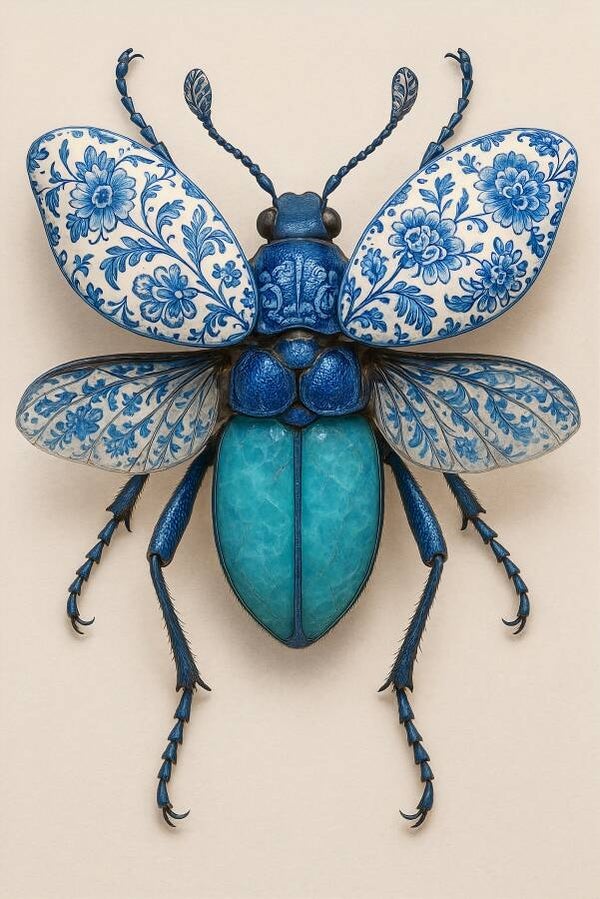 Delfts blauw kever – Kunstwerk met sierlijke vleugels en turquoise schild