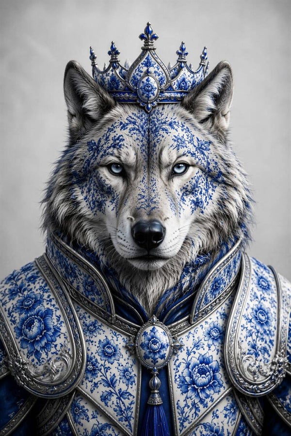 Delftse Wolvenkoning – wolf schilderij met kroon in Delfts blauw