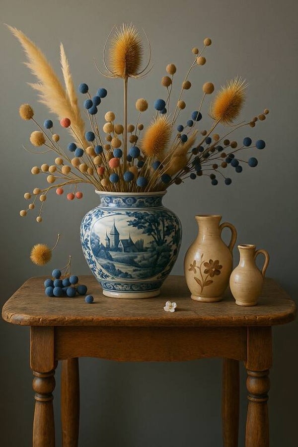 Delfts Blauw Landelijke Vaas – schilderij met droogbloemen en keramiek