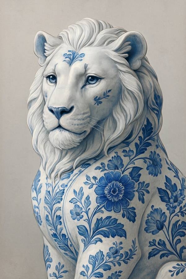 Delfts blauwe leeuw – krachtig symbool op papierstructuur