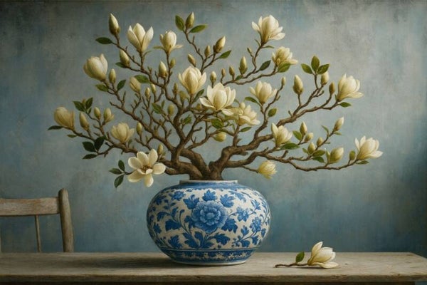 Delfts Blauw Magnolia – Landelijke wanddecoratie in klassieke stijl