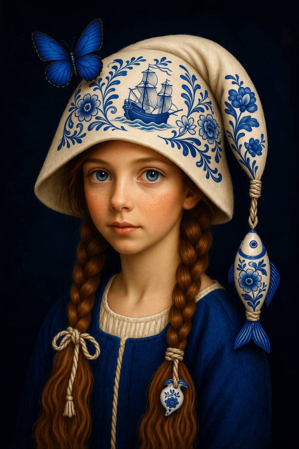 Delfts Blauw Meisje met Zeemanshoed – Meisje met Vlechten, Vlinder en Zeilschip