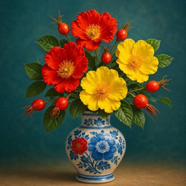 Delfts Blauw Rozenboeket – bloemen schilderij met vaas in rood geel en blauw