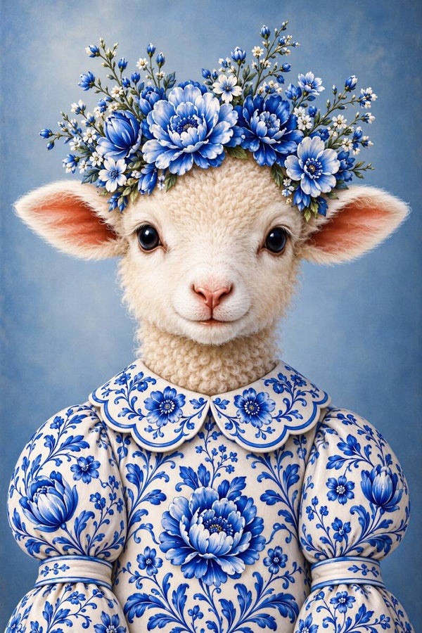 Delftse Wolkenlam – schaap schilderij met blauwe bloemenkroon en Delfts blauwe jurk