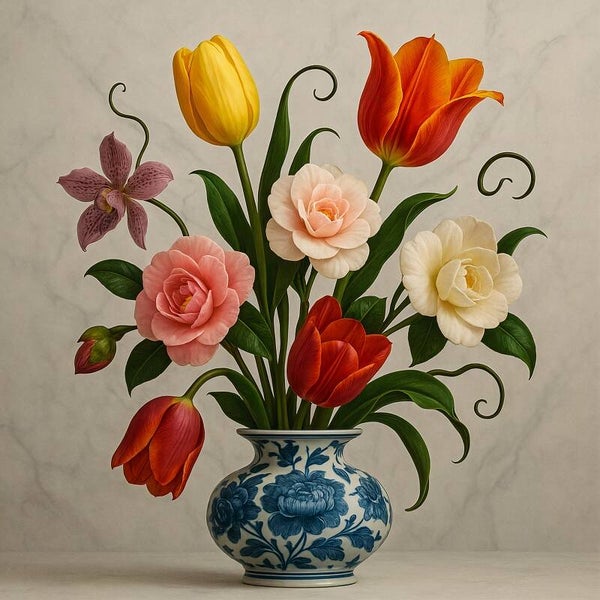 Bloemen in marmerlicht – Delfts blauw stilleven