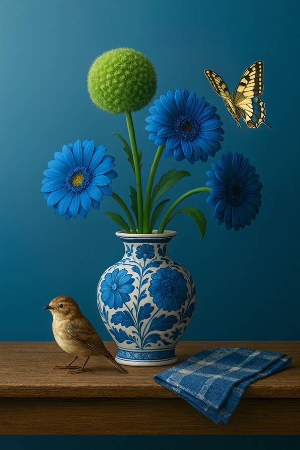 Delfts Blauw Bloemen Schilderij met Vlinder en Vogel