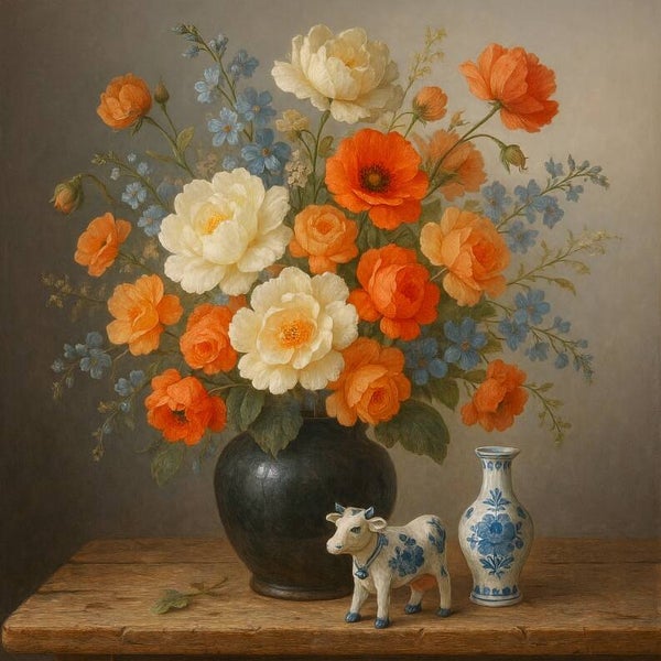 Oranje & wit in vaas – klassiek bloemenschilderij