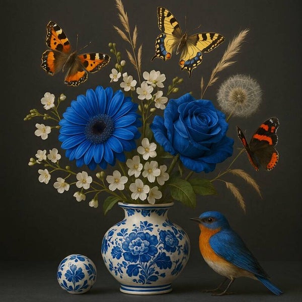 Delfts blauw schilderij bloemenvaas – blauwe bloemen en vlinders