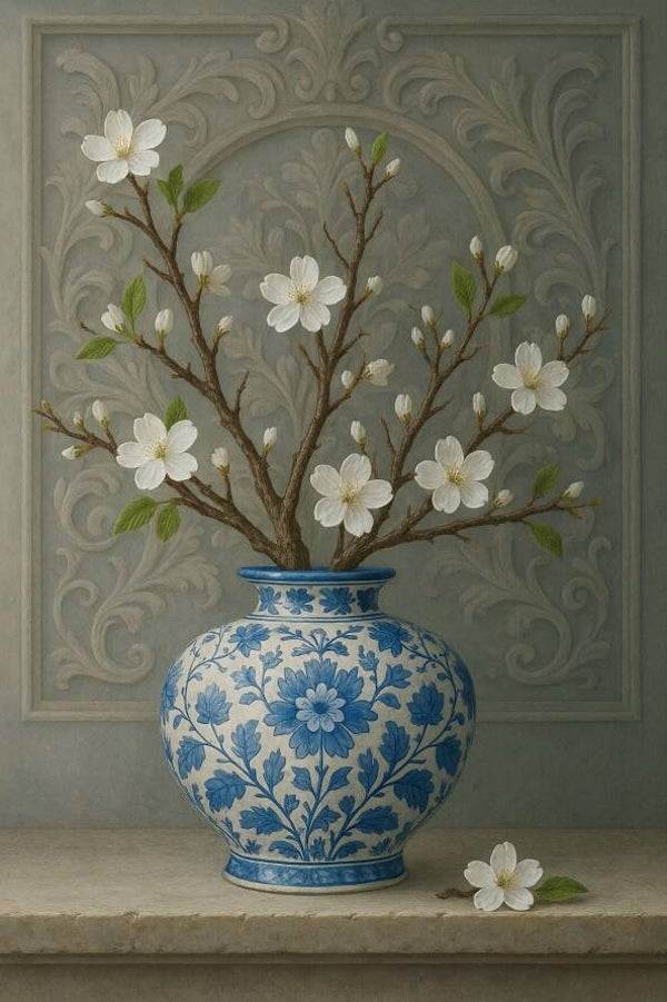 Delfts blauw schilderij – Klassieke vaas met bloesemtakken