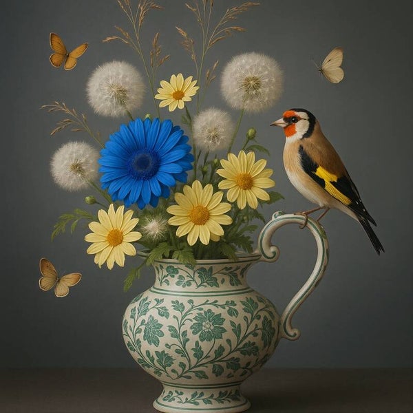 Groene charme – Delfts blauw vaasje met lentebloemen