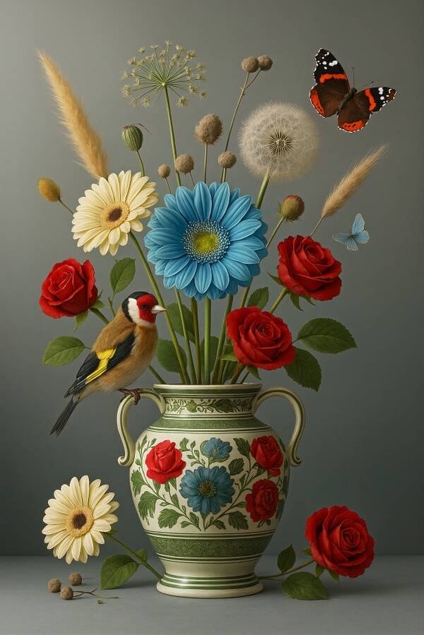 Vaas vol leven – Delfts blauw bloemen schilderij met vogel en vlinders