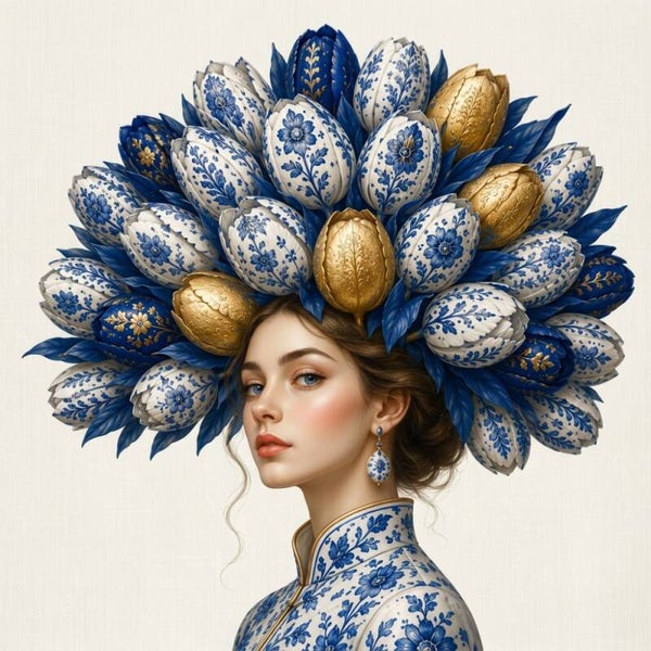 Tulpenkroon van Delft – vrouw portret schilderij met Delfts blauwe tulpen