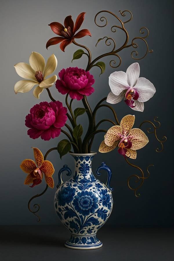 Delfts blauw schilderij – Modern bloemstuk in klassieke vaas