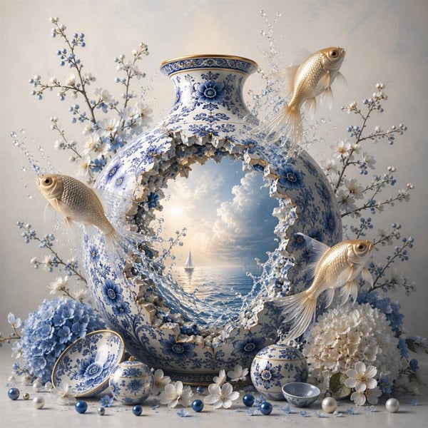 Delftse Droomwereld – Delfts blauw schilderij met goudvissen