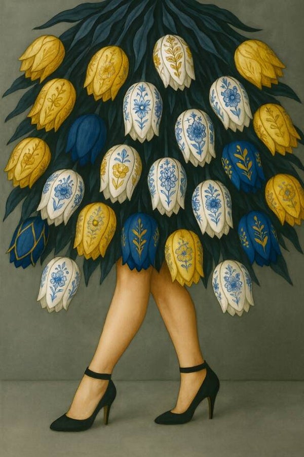 Delfts blauw schilderij – Tulpenjurk met gouden accenten