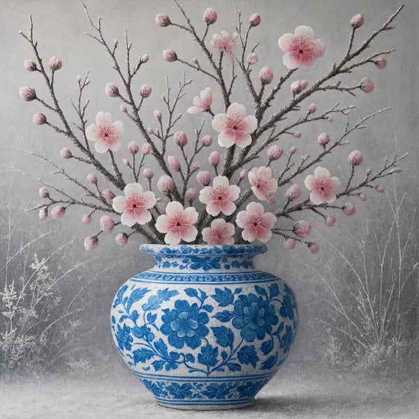Delfts Blauw Vaas met Roze Bloesemtakken – schilderij met bloemmotief
