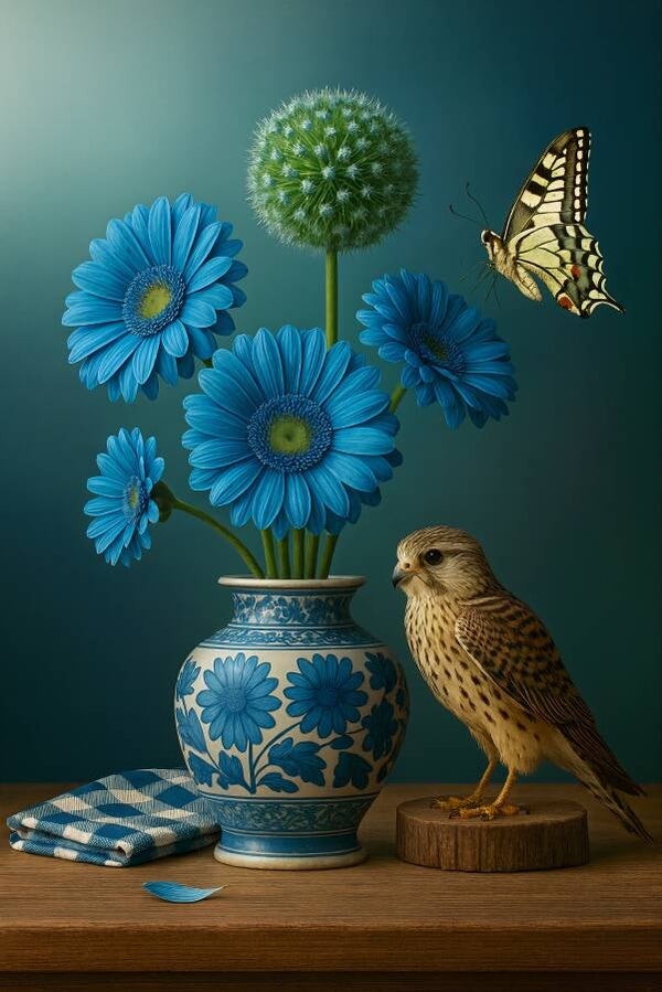 Delfts Blauw Vaas met Blauwe Gerbera’s en Valk