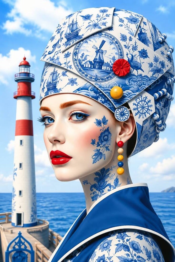 Delftse Zeewind – Delfts blauw portret vrouw met vuurtoren en molen