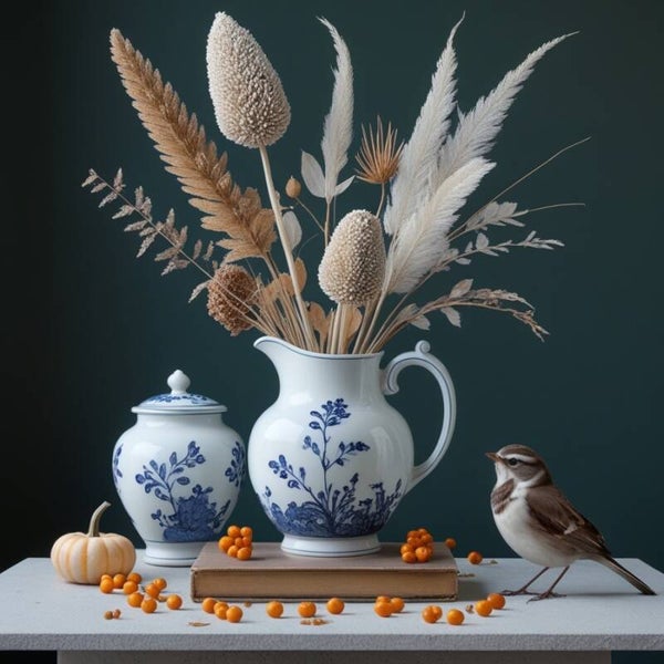 Herfststilte in Delfts Blauw – schilderij met vogel, droogbloemen en porselein