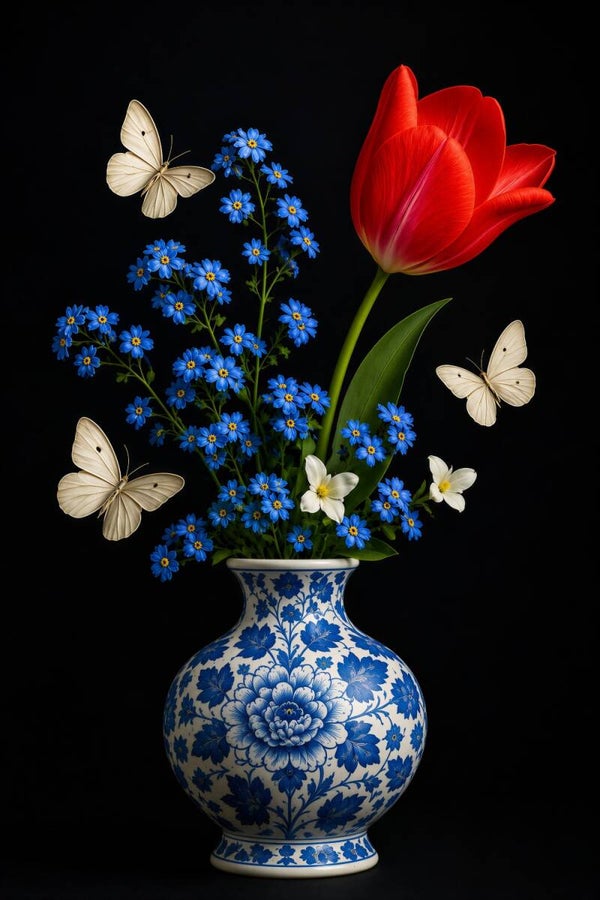 Delftse Vlindertuin – tulpen schilderij met blauwe bloemen, vlinders en Delfts blauwe vaas