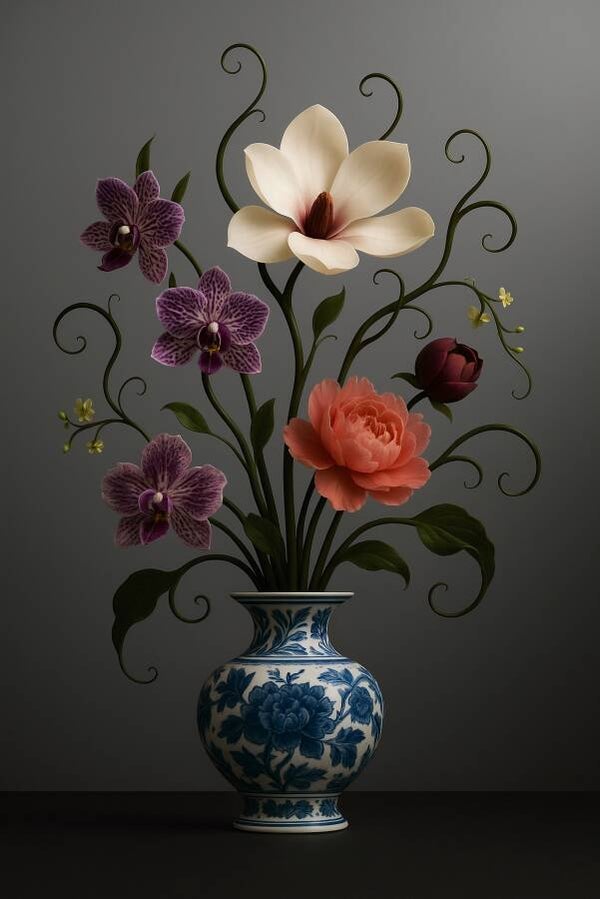 Delfts blauw vaas met magnolia en orchidee – Bloemen stilleven