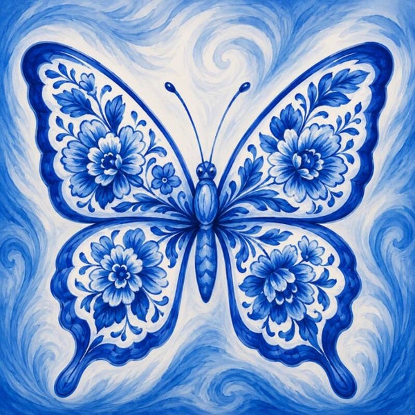 Delfts Vleugelspel – Vlinder met Delfts Blauwe Bloemen Schilderij