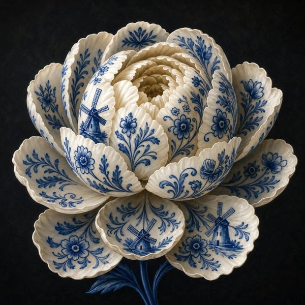 Delfts Blauwe Bloem – pioenroos schilderij met molens en bloemmotieven