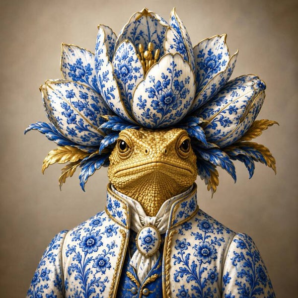 Delfts Blauwe Bloemenkoning – hagedis schilderij met bloemenkroon in blauw en goud