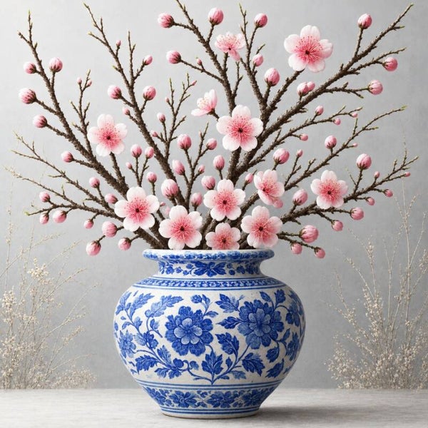 Delfts Blauwe Bloesemvaas – roze bloesem schilderij met blauw witte vaas