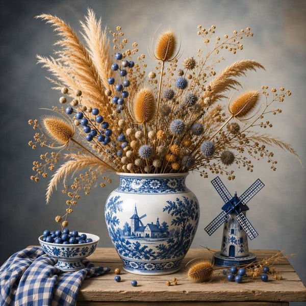 Delfts Blauwe Droogbloemen – landelijk schilderij met vaas en molen