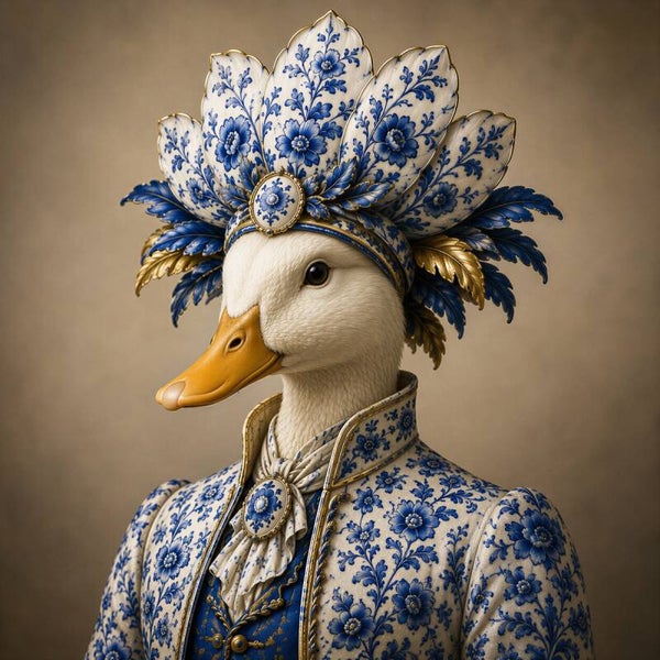 Delfts Blauwe Eendenkoningin – eend schilderij met bloemenkroon in blauw en goud