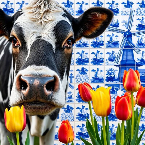 Delfts Blauwe Koe – koe schilderij met tulpen en windmolen