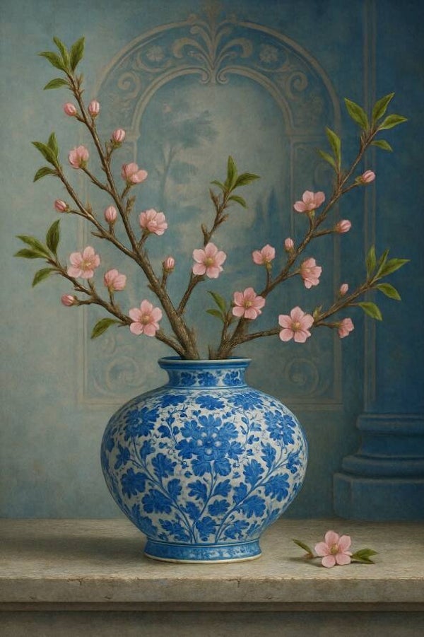 Bloesemtakken in vaas – Klassiek Delfts blauw schilderij