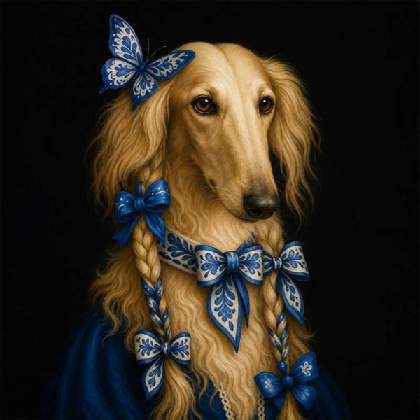 Delfts Dame – Elegante Windhond met Delfts Blauwe Strikken Schilderij