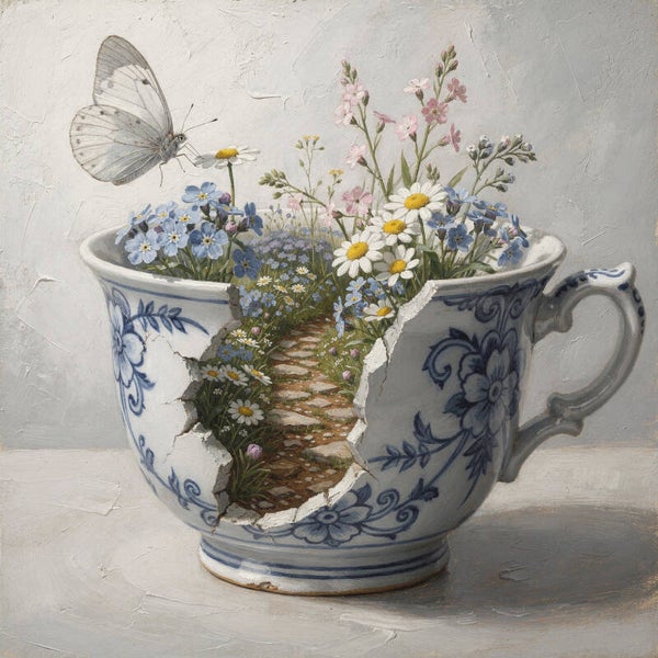 Delfts Geheim Pad – Landelijk Delfts blauw schilderij met vlinder