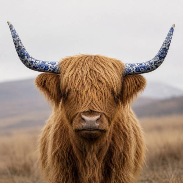 Delfts Gehoornd – Schotse Hooglander met Delfts Blauwe Hoorns Schilderij
