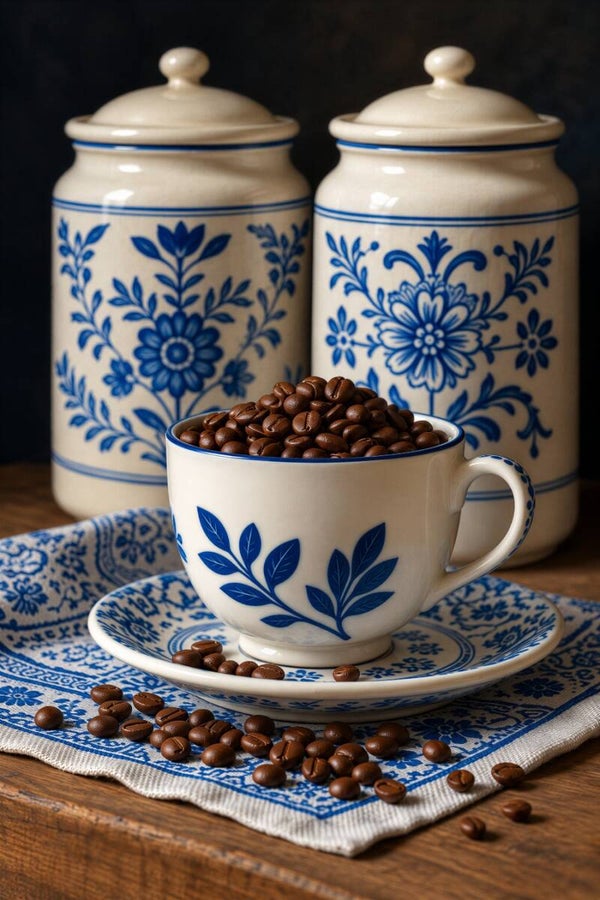 Delfts Koffiemoment – Delfts blauw schilderij met koffiekop en koffiebonen